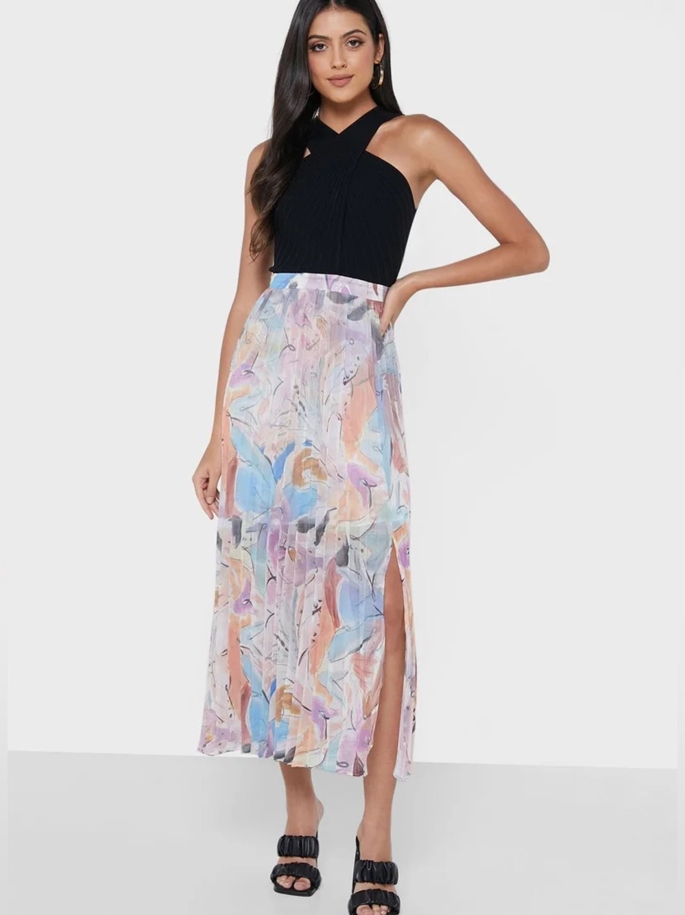 Ted Baker Aveliin Pleated Halter Midi Dress Black Pastel Floral Size 3